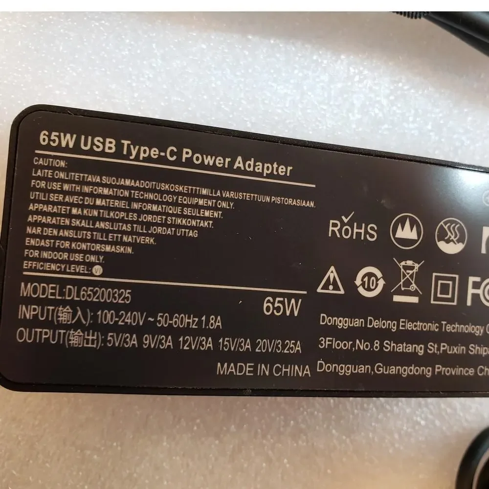65W USB Type-C Power Adapter Laptop Charger with AC Power Cord Model DL65200325